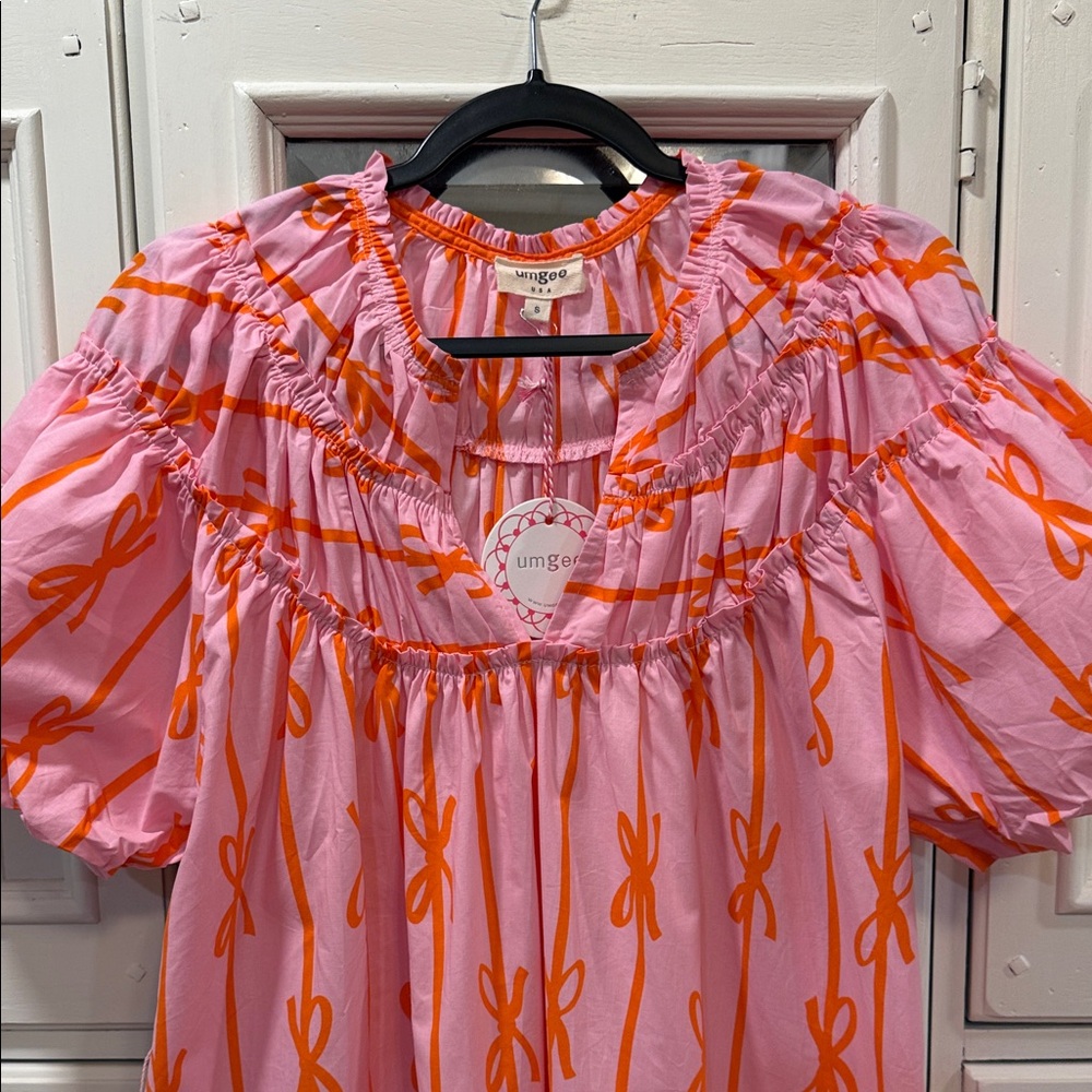 Umgee Small Pink Midi Dress with Orange Bow Print and Puff Sleeves with belt - Picture 4 of 8